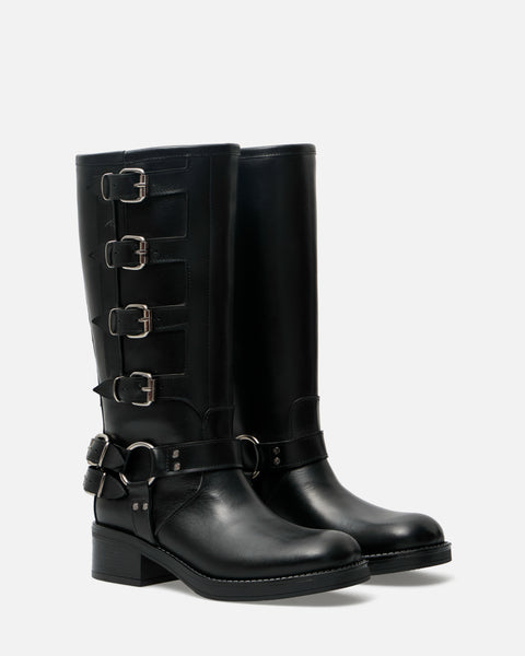 STIVALE IN PELLE NERO CON GAMBALE CON FIBBIE ANGELICA